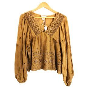 Rachel Zoe Boho Embroidered Long Sleeve Top Mustard Size M